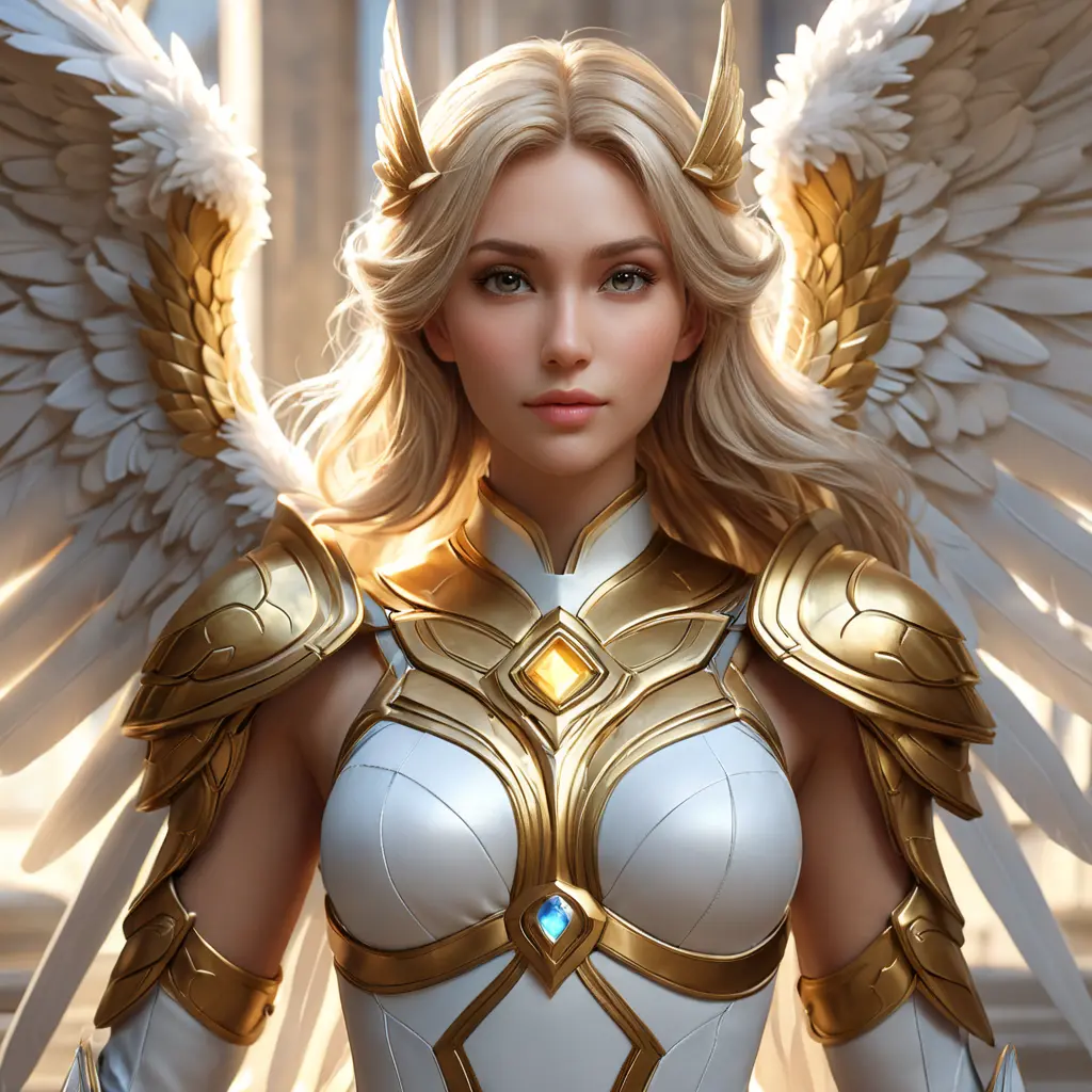 Alluring portrait of an angelic winged Kayle from League of Legends, 8k, Highly Detailed, Half Body, Photo Realistic, Sharp Focus, Octane Render, Unreal Engine, Volumetric Lighting, Fantasy by Stanley Artgerm Lau, Alphonse Mucha, WLOP