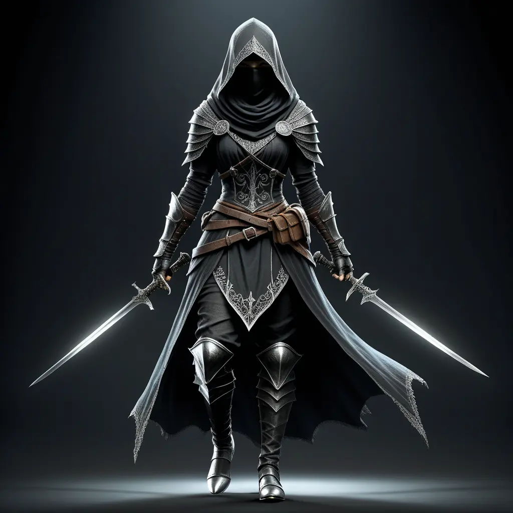 Full body portrait of a Veiled female Assassin with daggers, Highly Detailed, Dark Souls, Volumetric Lighting, Fantasy, Threatening