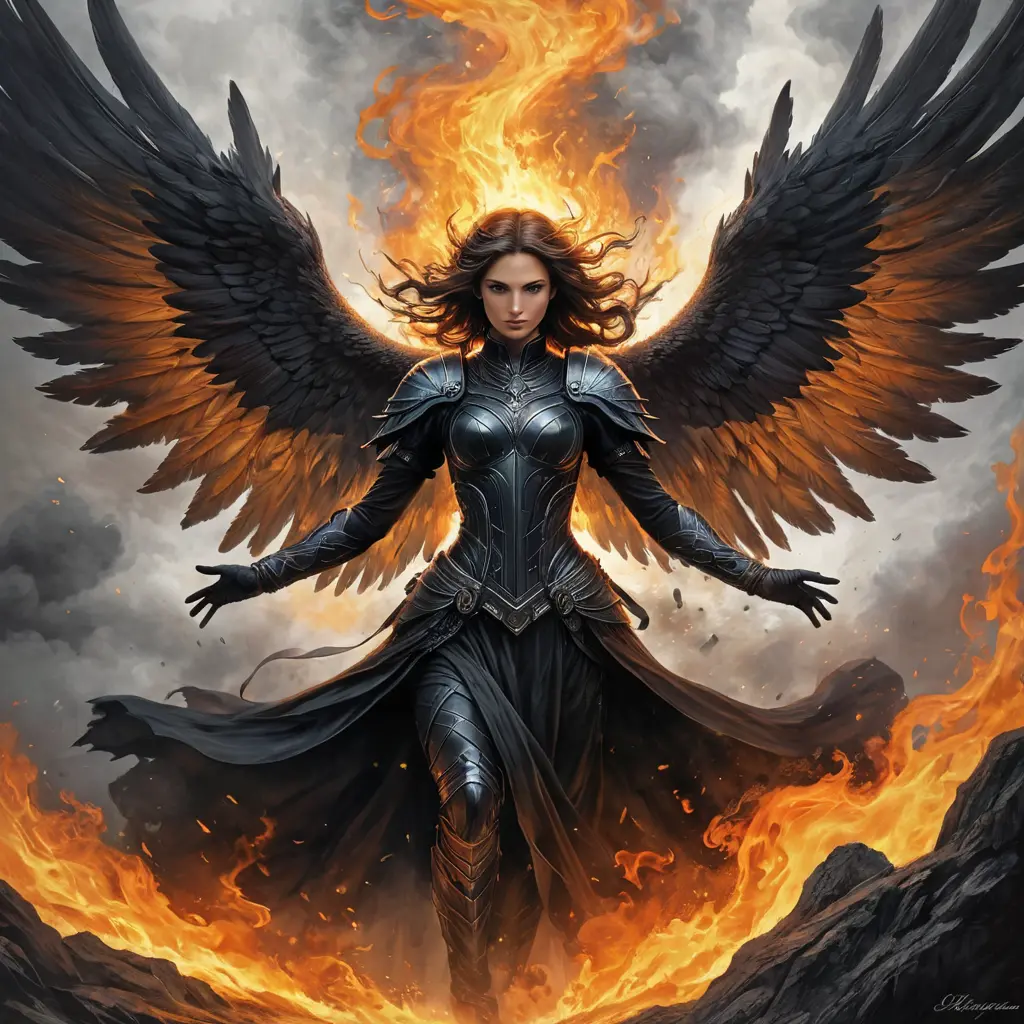 Dark Angel emerging from a firey fog of battle, ink splash, Highly Detailed, Vibrant Colors, Ink Art, Fantasy, Dark by Stanley Artgerm Lau