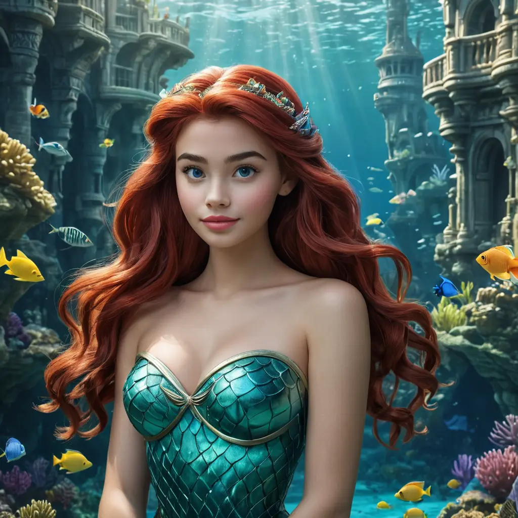 Matte portrait of Disney's Ariel in the under water city of Atlantis, Ultra Detailed, Half Body, Beautiful, Matte Painting, Sharp Focus, Portrait, Fantasy