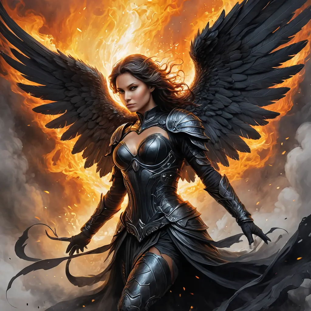 Dark Angel emerging from a firey fog of battle, ink splash, Highly Detailed, Vibrant Colors, Ink Art, Fantasy, Dark by Stanley Artgerm Lau