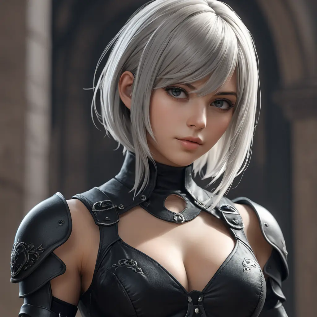 Alluring matte portrait of a beautiful A2 from Nier Automata wearing black leather, 8k, Highly Detailed, Intricate, Half Body, Realistic, Sharp Focus, Volumetric Lighting, Fantasy, Elegant by Stanley Artgerm Lau, WLOP