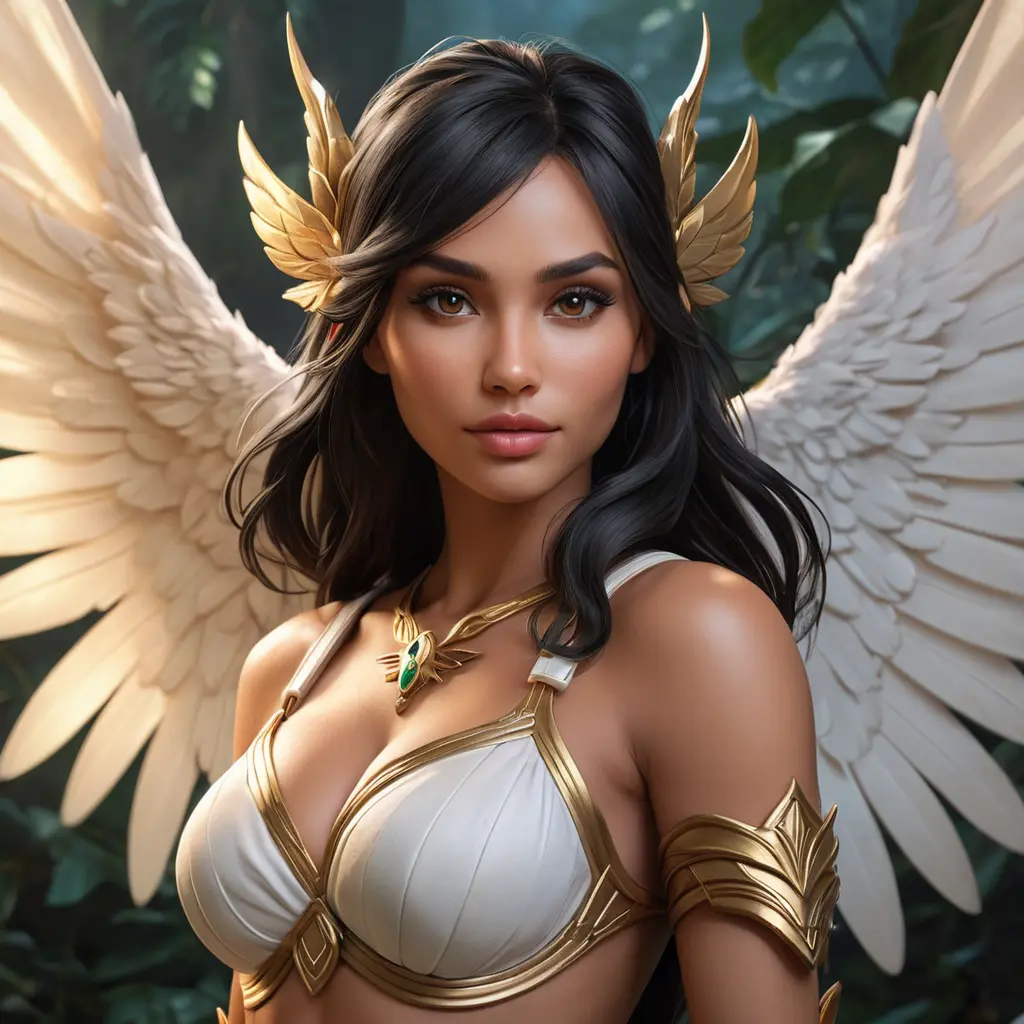 Alluring matte portrait of a beautiful Nidalee with wings, Highly Detailed, Intricate, Half Body, Realistic, Volumetric Lighting, Fantasy, Elegant by Stanley Artgerm Lau, Greg Rutkowski