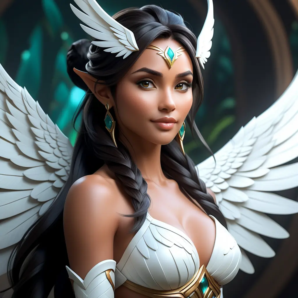 Alluring matte portrait of a beautiful Nidalee with wings, Highly Detailed, Intricate, Half Body, Realistic, Volumetric Lighting, Fantasy, Elegant by Stanley Artgerm Lau, Greg Rutkowski