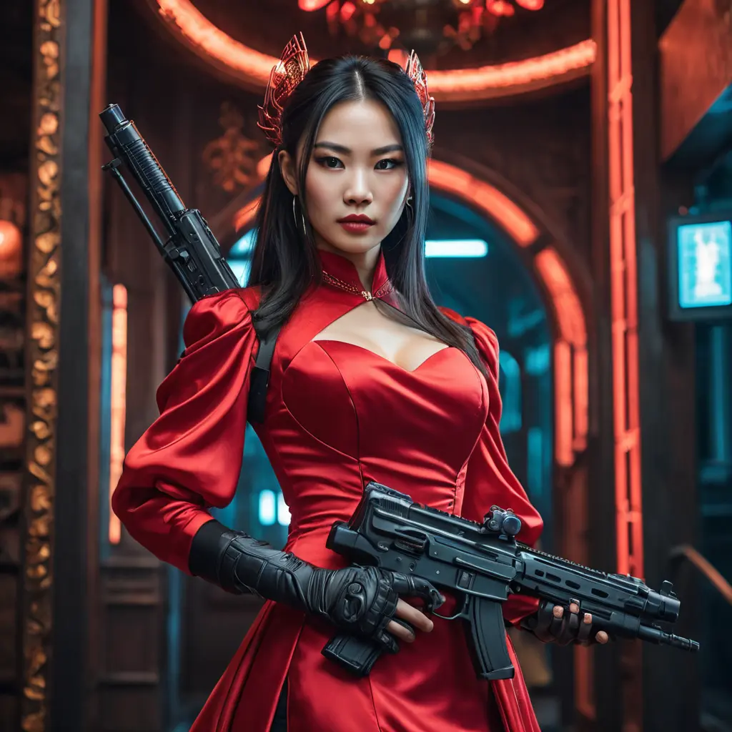 A dangerously armed asian feme fatale in silk red dress at a masquerade ball, Cybernatic and Sci-Fi, Cyberpunk, Sci-Fi