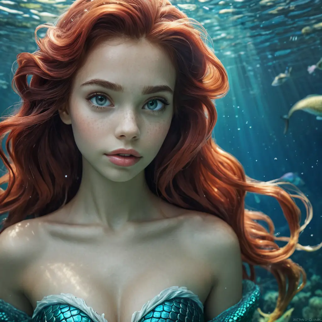 Ariel the mermaid underwater, Ultra Detailed, Half Body, Beautiful, Matte Painting, Sharp Focus, Portrait, Fantasy by Stefan Kostic