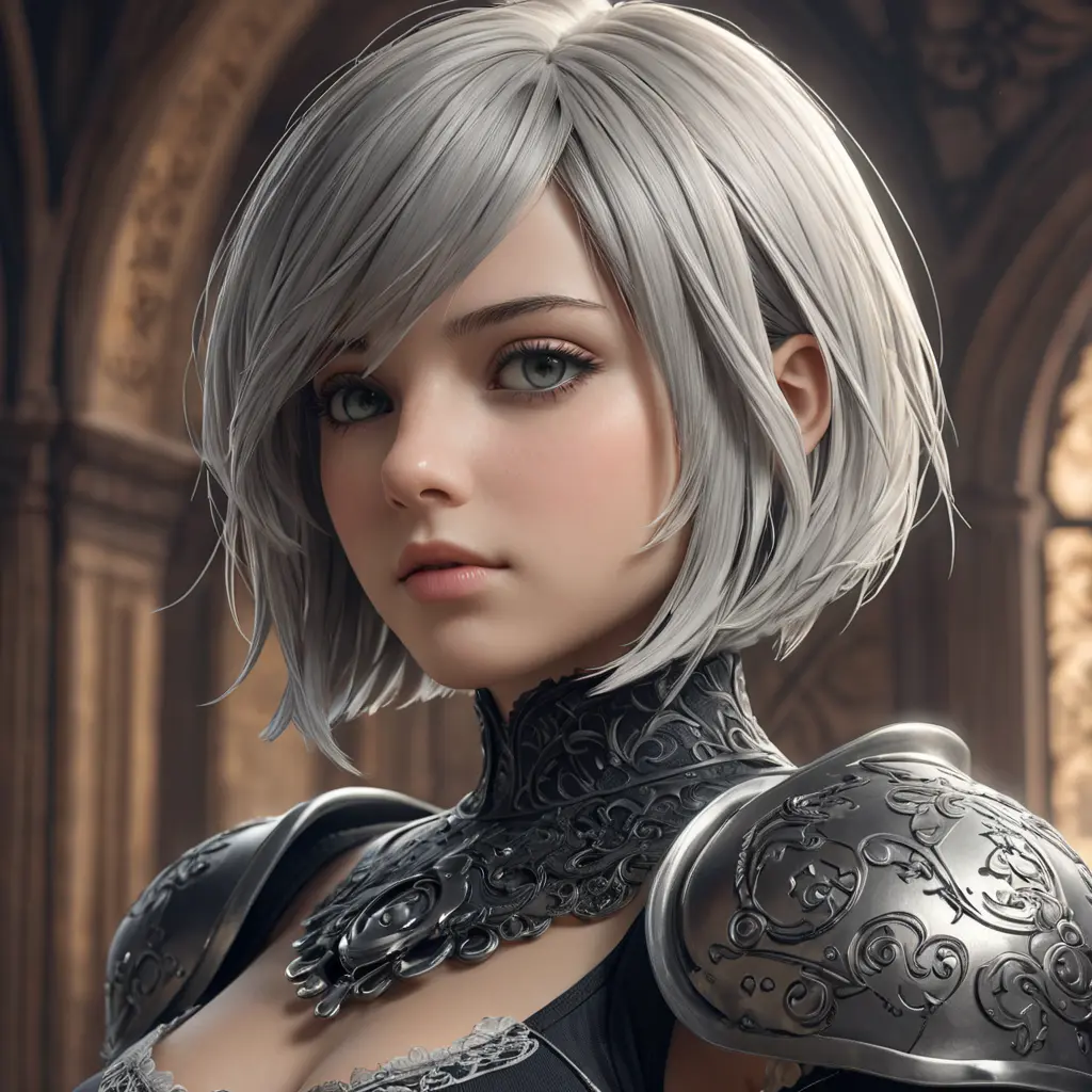 Alluring matte portrait of a beautiful A2 from Nier Automata in the style of Stefan Kostic, 8k, Highly Detailed, Intricate, Half Body, Realistic, Sharp Focus, Volumetric Lighting, Fantasy, Elegant by Stanley Artgerm Lau, Greg Rutkowski