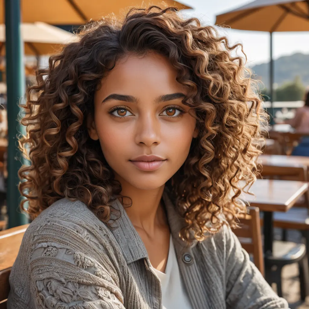 A realistic portrait of a woman with warm brown skin, curly hair, and hazel eyes, inspired by natural lighting in an outdoor café scene., Highly Detailed, Intricate, Half Body, Realistic