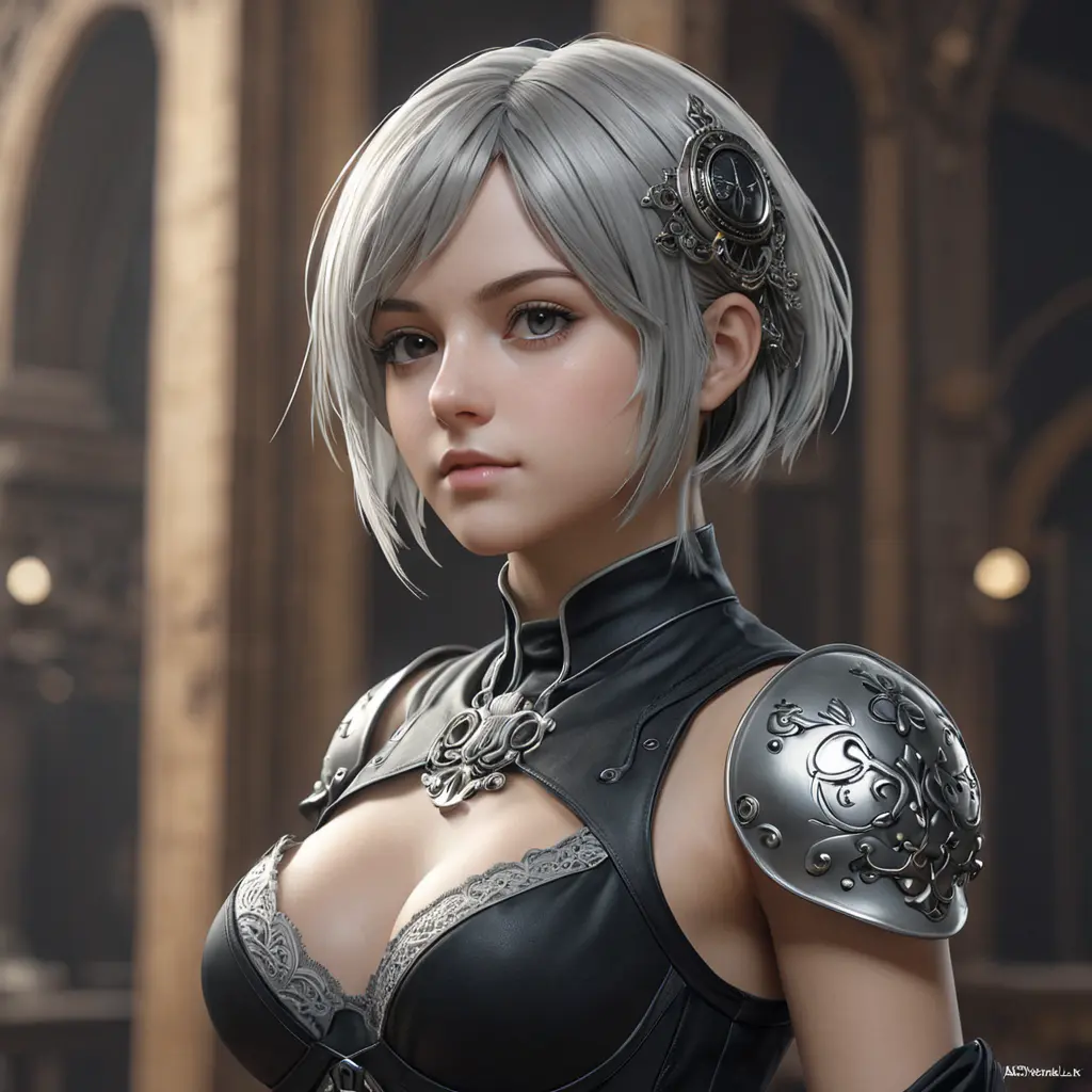 Alluring matte portrait of a beautiful A2 from Nier Automata in the style of Stefan Kostic, 8k, Highly Detailed, Intricate, Half Body, Realistic, Sharp Focus, Volumetric Lighting, Fantasy, Elegant by Stanley Artgerm Lau, Greg Rutkowski