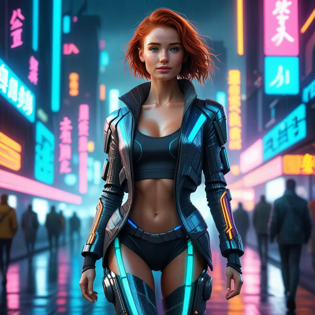 full body shot, beautiful woman walking with beatiful and detailed eyes, dynamic pose, slightly athletic beatiful body, detailed attire, Hyper Detailed, Intricate Artwork, Masterpiece, Cybernatic and Sci-Fi, Cyberpunk, Freckles, Full Lips, Red Hair, Smiling, Digital Illustration, Cityscape, Blade Runner 2049, Neon light effect, Realistic, Sharp Focus, Wide Angle, Neon, Dripping Colors, Matte, Futurism, Artwork, Dieselpunk, Colorful, Dynamic, Elegant, Expressive, Graceful, Hot, Gloomy, Sad, Stormy, Terrifying, Tired