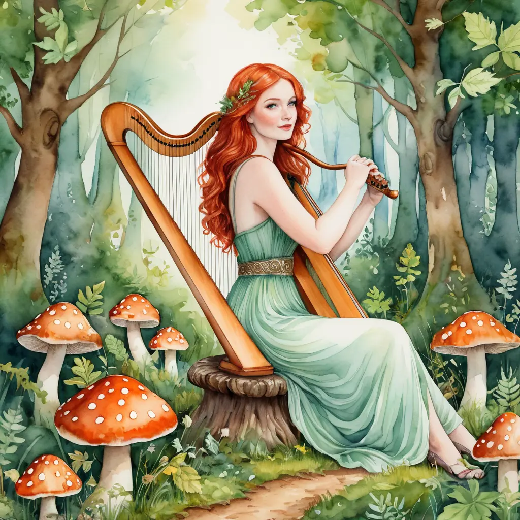 A whimsical watercolor painting of a curvy woman with fiery red hair and green eyes, playing the harp while sitting on a mushroom in a magical woodland clearing, Highly Detailed, Intricate, Half Body, Realistic