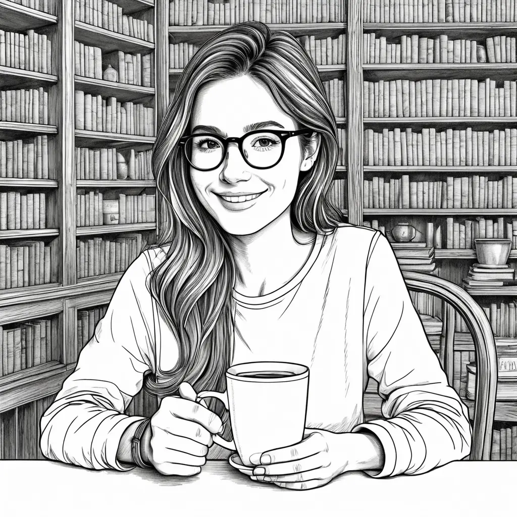 A minimalist line art drawing of a woman with glasses and a kind smile, holding a cup of coffee while sitting quietly in an antique bookstore, Highly Detailed, Intricate, Half Body, Realistic