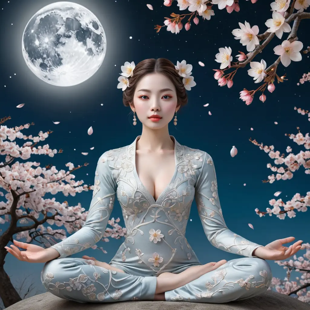 A surreal scene featuring a woman with almond-shaped eyes and porcelain skin, floating gracefully in a lotus position above blooming cherry blossom trees under a full moon, Highly Detailed, Intricate, Half Body, Realistic