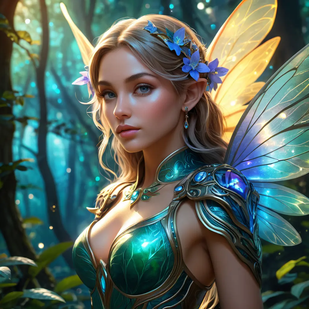 Beautiful elf in a magical forest, 4k, Highly Detailed, Hyper Detailed, Masterpiece, Full Body, Cosmic Nebulae, Full Lips, Pretty Face, Tattoos, Wings, Digital Illustration, Bloom light effect, Cinematic Lighting, Realistic, Sharp Focus, Deviantart, Centered, Beautifully Lit, Bioluminescent, Radiant, Vibrant Colors by Stanley Artgerm Lau, Alphonse Mucha, Greg Rutkowski, Stefan Kostic