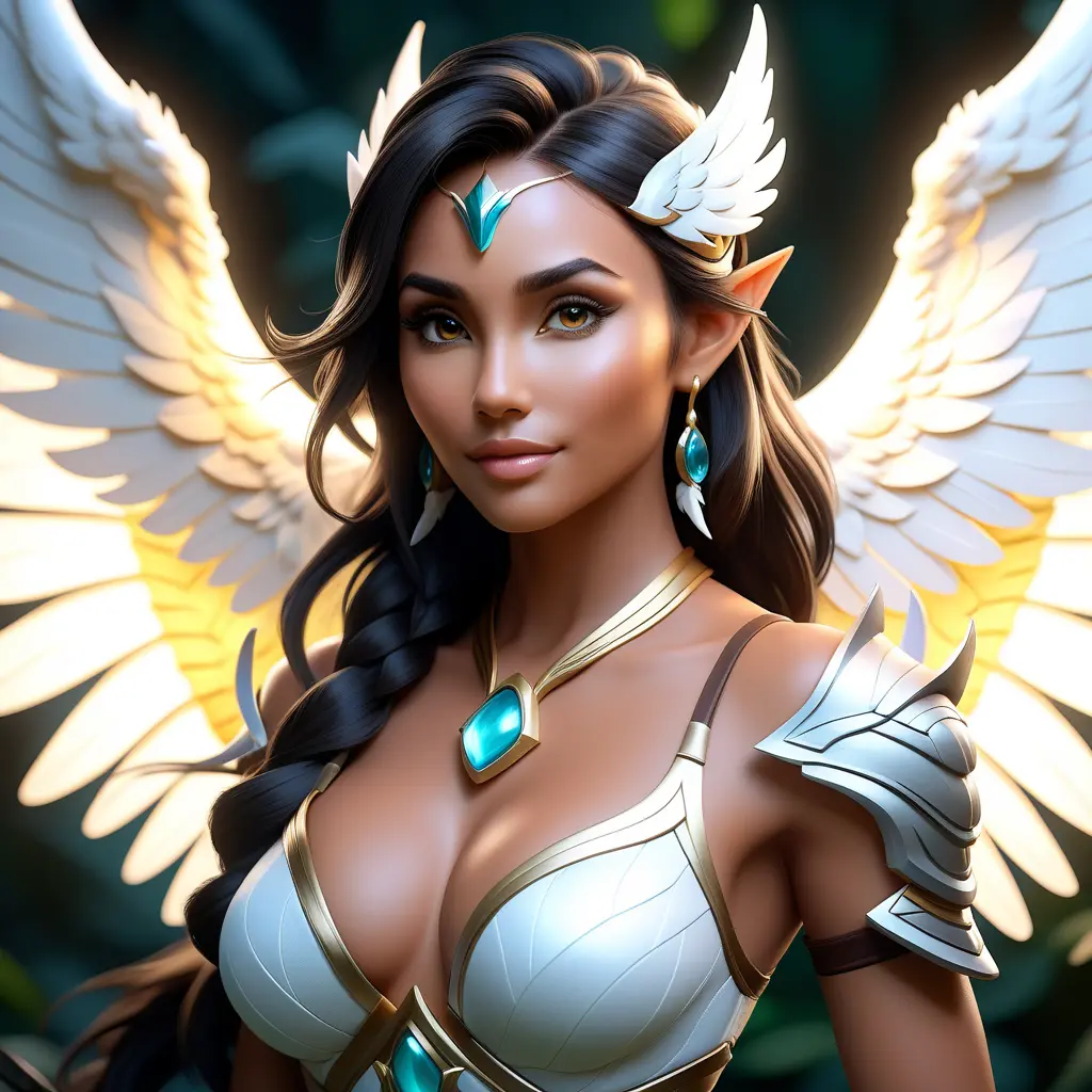 Alluring matte portrait of a beautiful Nidalee with wings, Highly Detailed, Intricate, Half Body, Realistic, Volumetric Lighting, Fantasy, Elegant by Stanley Artgerm Lau, Greg Rutkowski