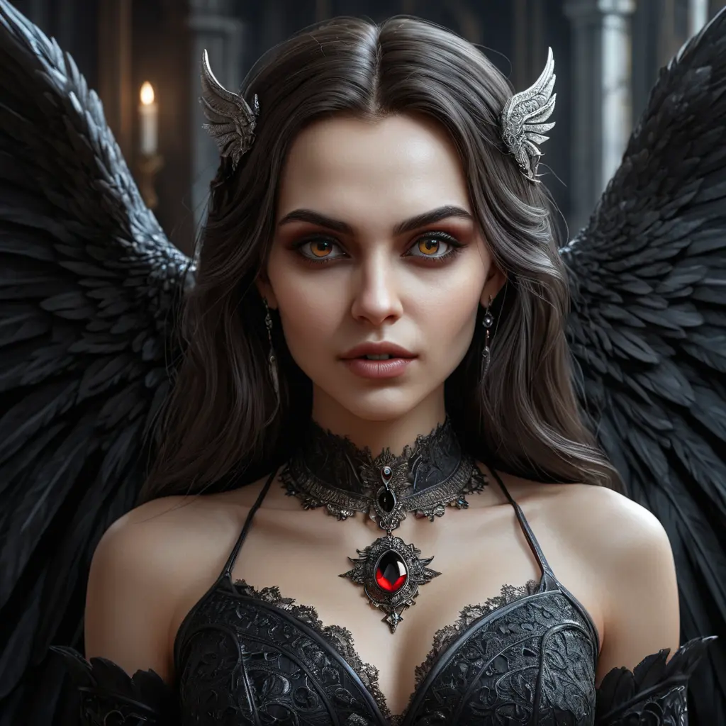 A beautiful winged romanian vampire woman with penetrating eyes, fangs, perfect face, 8k, Hyper Detailed, Intricate Details, Masterpiece, Contemporary, Full Body, Trending on Artstation, Gothic, Deviantart, Concept Art by Stefan Kostic