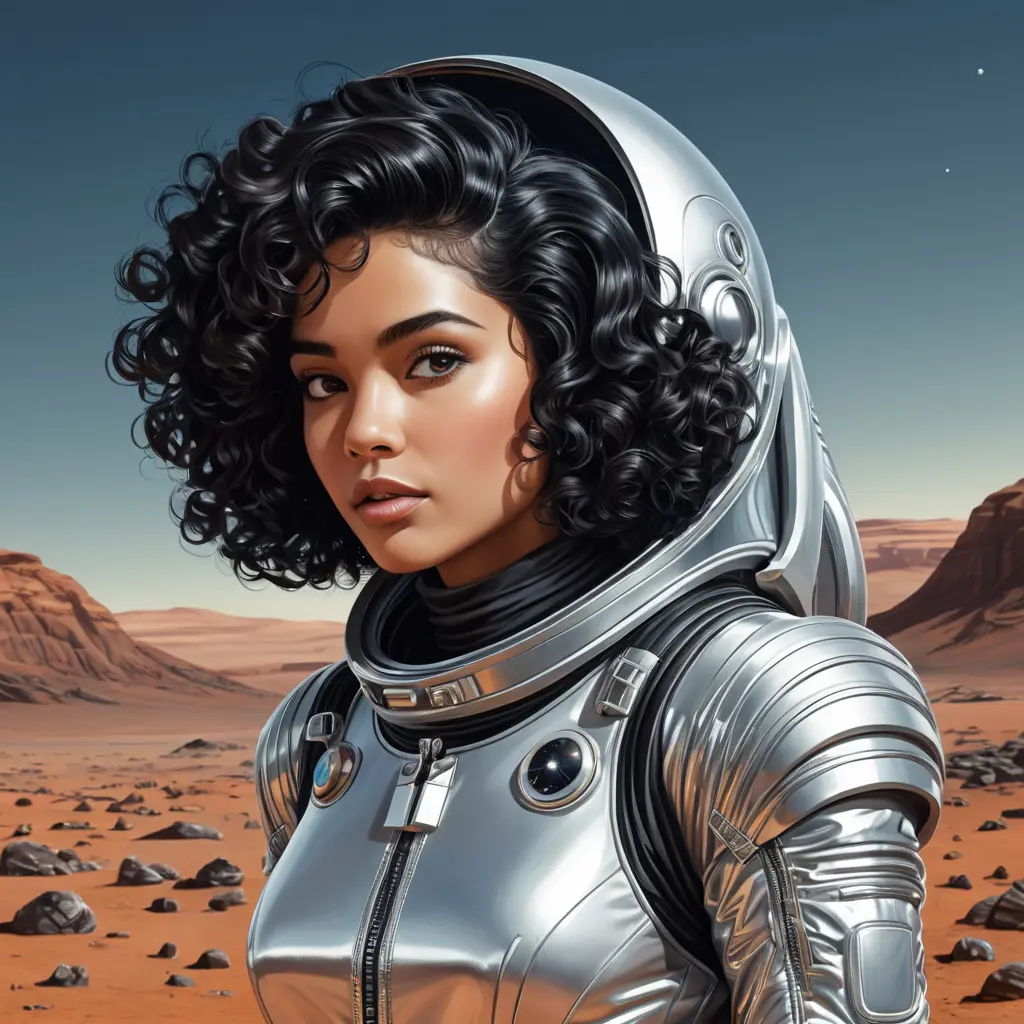 A retro-futuristic illustration of a woman with curly black hair and dark features, wearing a stylish silver spacesuit, exploring Mars' surface, Highly Detailed, Intricate, Half Body, Realistic