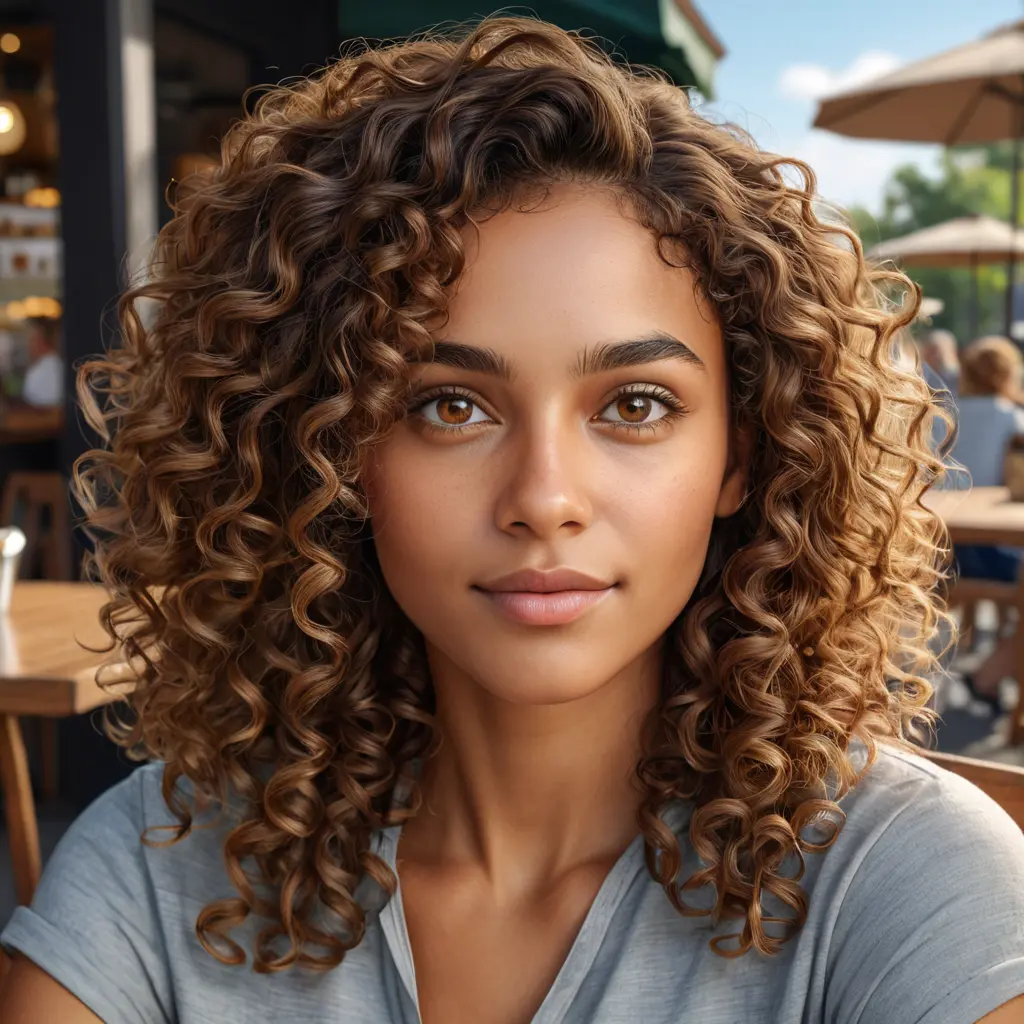 A realistic portrait of a woman with warm brown skin, curly hair, and hazel eyes, inspired by natural lighting in an outdoor café scene., Highly Detailed, Intricate, Half Body, Realistic