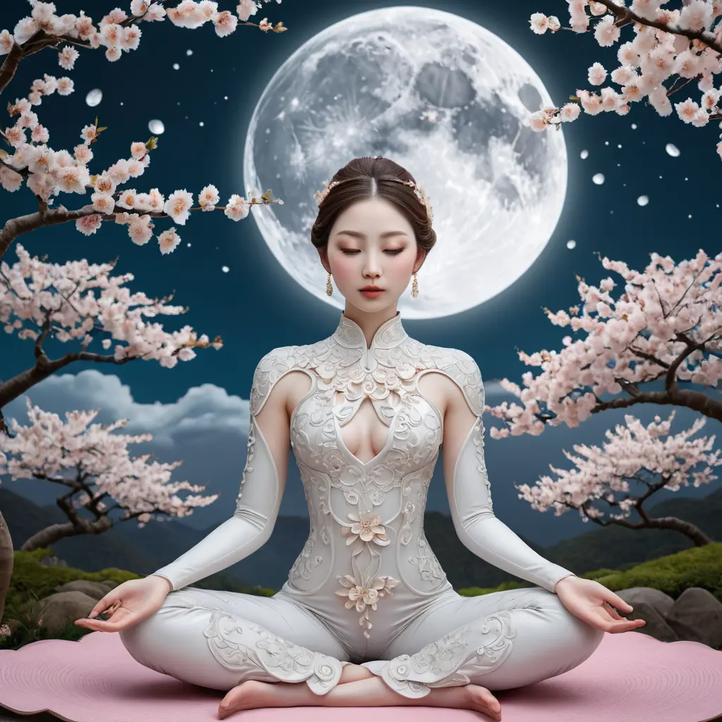 A surreal scene featuring a woman with almond-shaped eyes and porcelain skin, floating gracefully in a lotus position above blooming cherry blossom trees under a full moon, Highly Detailed, Intricate, Half Body, Realistic