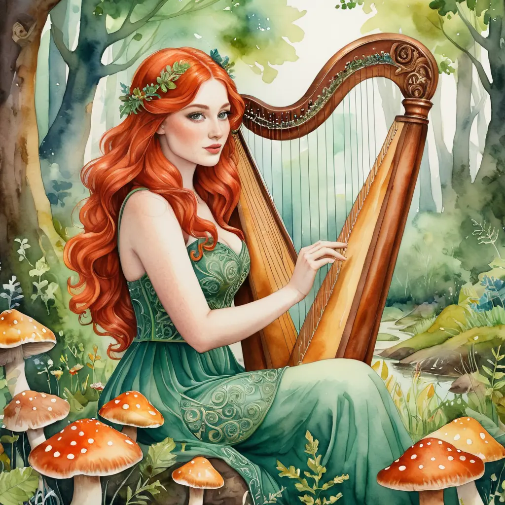 A whimsical watercolor painting of a curvy woman with fiery red hair and green eyes, playing the harp while sitting on a mushroom in a magical woodland clearing, Highly Detailed, Intricate, Half Body, Realistic