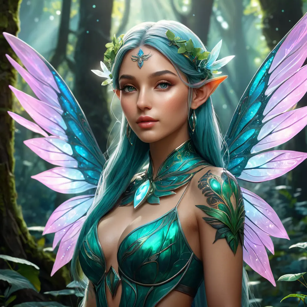 Beautiful elf in a magical forest, 4k, Highly Detailed, Hyper Detailed, Masterpiece, Full Body, Cosmic Nebulae, Full Lips, Pretty Face, Tattoos, Wings, Digital Illustration, Bloom light effect, Cinematic Lighting, Realistic, Sharp Focus, Deviantart, Centered, Beautifully Lit, Bioluminescent, Radiant, Vibrant Colors by Stanley Artgerm Lau, Alphonse Mucha, Greg Rutkowski, Stefan Kostic