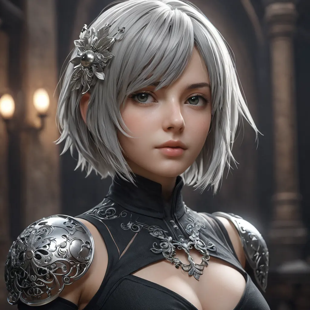 Alluring matte portrait of a beautiful A2 from Nier Automata in the style of Stefan Kostic, 8k, Highly Detailed, Intricate, Half Body, Realistic, Sharp Focus, Volumetric Lighting, Fantasy, Elegant by Stanley Artgerm Lau, Greg Rutkowski