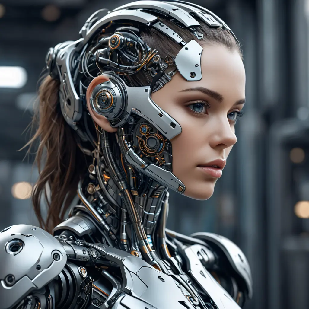 Alluring highly detailed matte portrait of a beautiful cyborg in the style of Stefan Kostic, 8k, High Definition, Highly Detailed, Intricate, Half Body, Realistic, Sharp Focus, Fantasy, Elegant