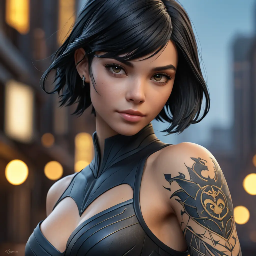 Matte portrait of Cassandra Cain with tattoos, 8k, Highly Detailed, Alluring, Artstation, Bokeh effect, Sharp Focus, Volumetric Lighting, Concept Art by Stanley Artgerm Lau, Greg Rutkowski