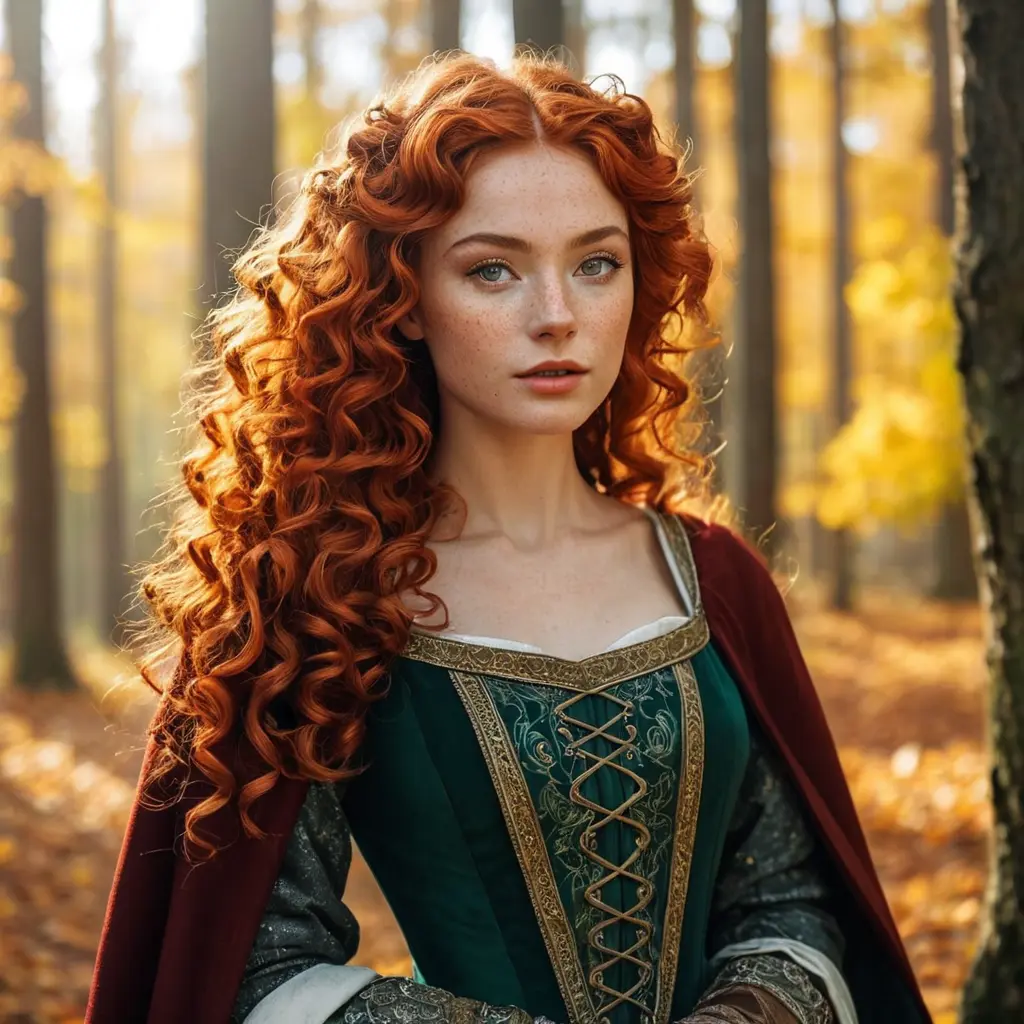 The sun, the autumn forest, fantastic beauty. Curls. Ultra-detailed medieval clothing, Freckles, Red Hair, Bright