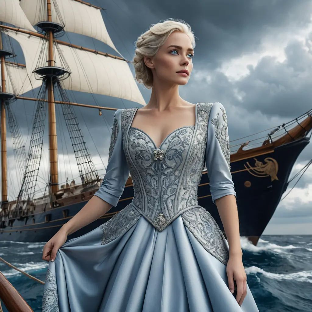 A cinematic still featuring a woman with striking blue eyes and platinum blonde hair, dressed in an elegant gown, standing confidently at the prow of a majestic sailing ship under stormy skies, Highly Detailed, Intricate, Half Body, Realistic