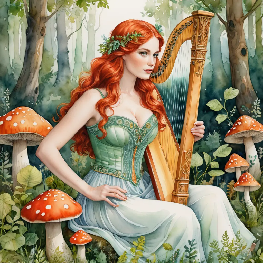 A whimsical watercolor painting of a curvy woman with fiery red hair and green eyes, playing the harp while sitting on a mushroom in a magical woodland clearing, Highly Detailed, Intricate, Half Body, Realistic