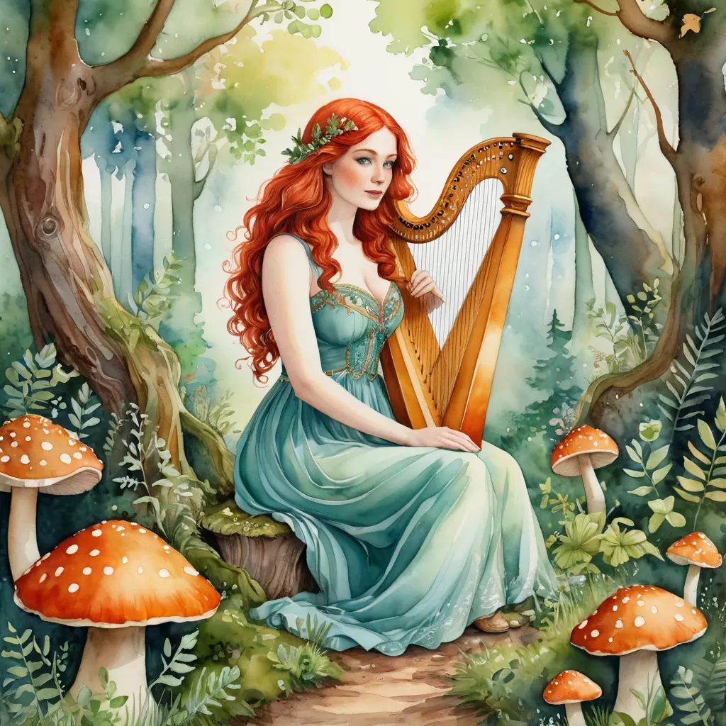 A whimsical watercolor painting of a curvy woman with fiery red hair and green eyes, playing the harp while sitting on a mushroom in a magical woodland clearing, Highly Detailed, Intricate, Half Body, Realistic