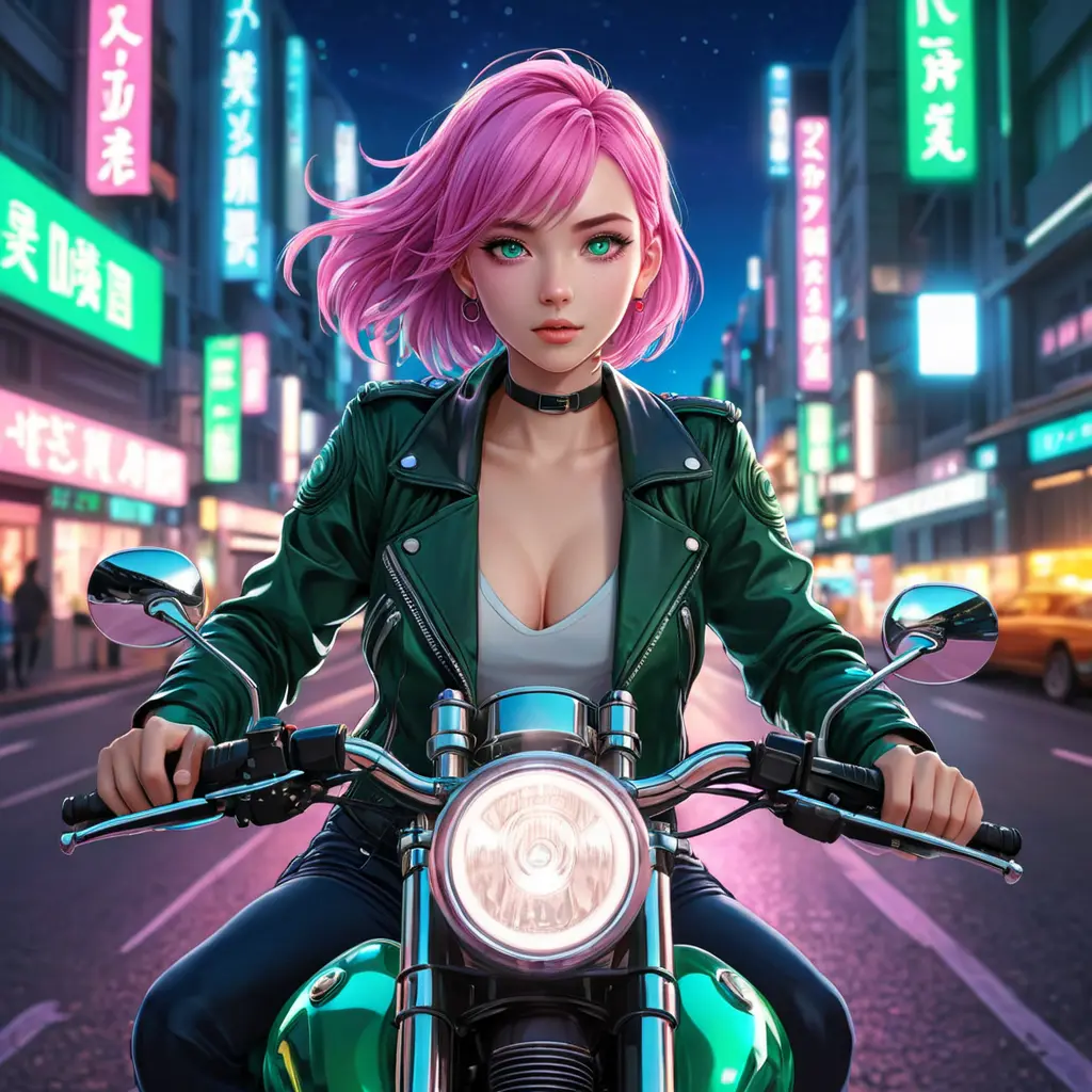 An anime-style illustration of a woman with pink hair and heterochromatic eyes (one blue, one green), riding her motorcycle through neon-lit city streets at night, Highly Detailed, Intricate, Half Body, Realistic