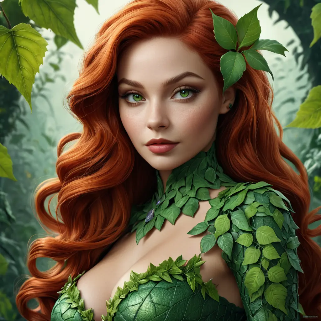 Alluring matte portrait of Poison Ivy in the style of Stefan Kostic, 8k, Highly Detailed, Intricate, Half Body, Matte Painting, Realistic, Sharp Focus, Fantasy by Greg Rutkowski