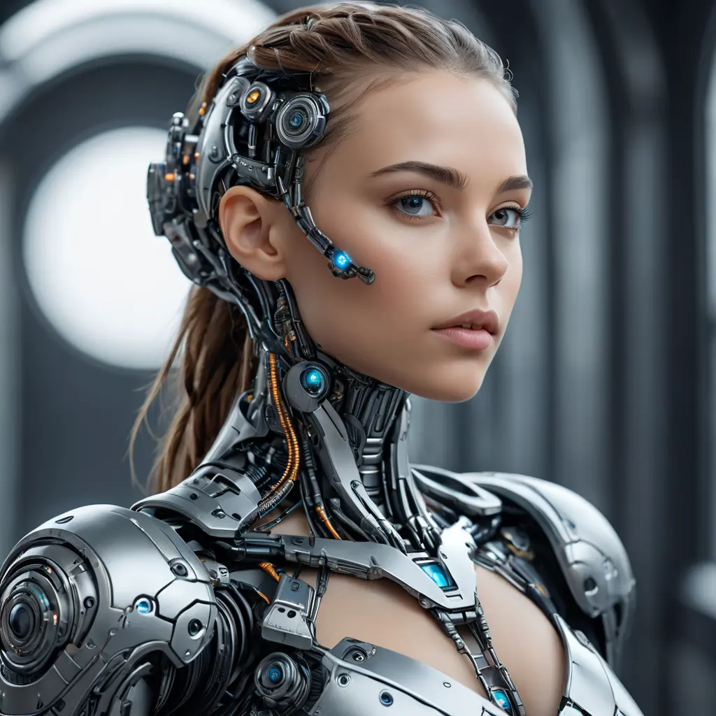 Alluring highly detailed matte portrait of a beautiful cyborg in the style of Stefan Kostic, 8k, High Definition, Highly Detailed, Intricate, Half Body, Realistic, Sharp Focus, Fantasy, Elegant