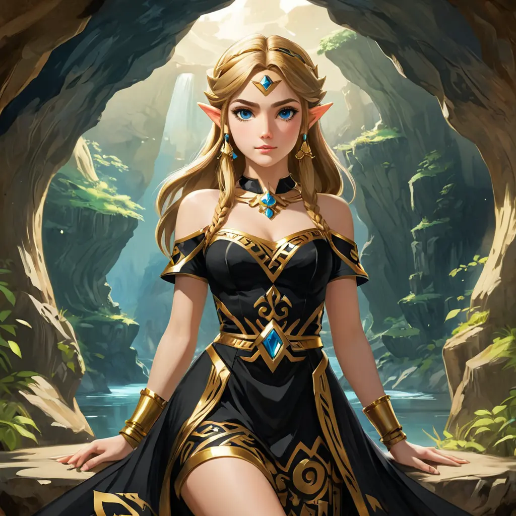 Portrait of Zelda in a black and gold dress, stunning beautiful artwork, Breath of the Wild, in a cave, Anime, Maximalism by Stanley Artgerm Lau