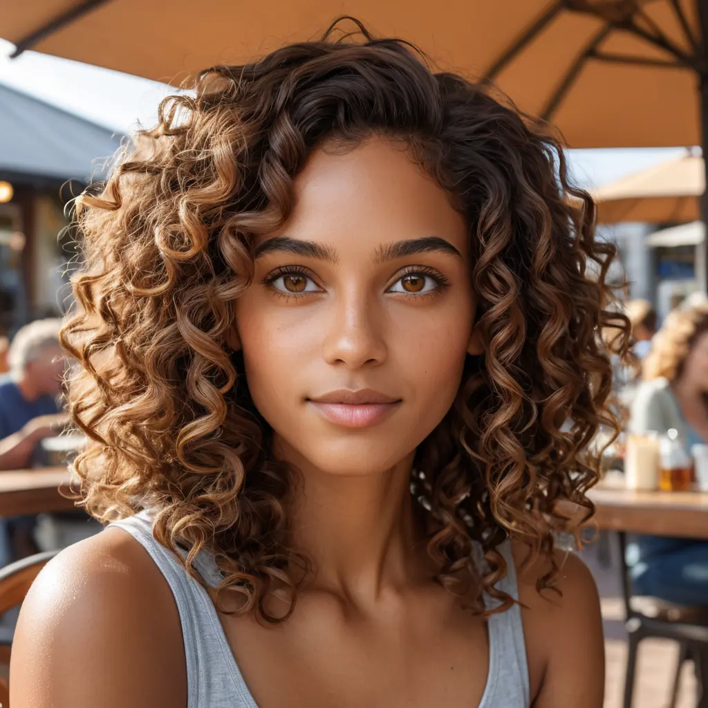 A realistic portrait of a woman with warm brown skin, curly hair, and hazel eyes, inspired by natural lighting in an outdoor café scene., Highly Detailed, Intricate, Half Body, Realistic