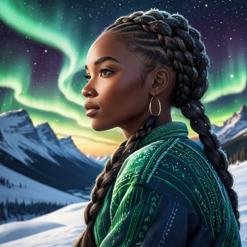 A detailed digital art of a woman with African features and beautiful braided hairstyle, sitting under the Northern Lights, surrounded by snowy landscapes, Highly Detailed, Intricate, Half Body, Realistic