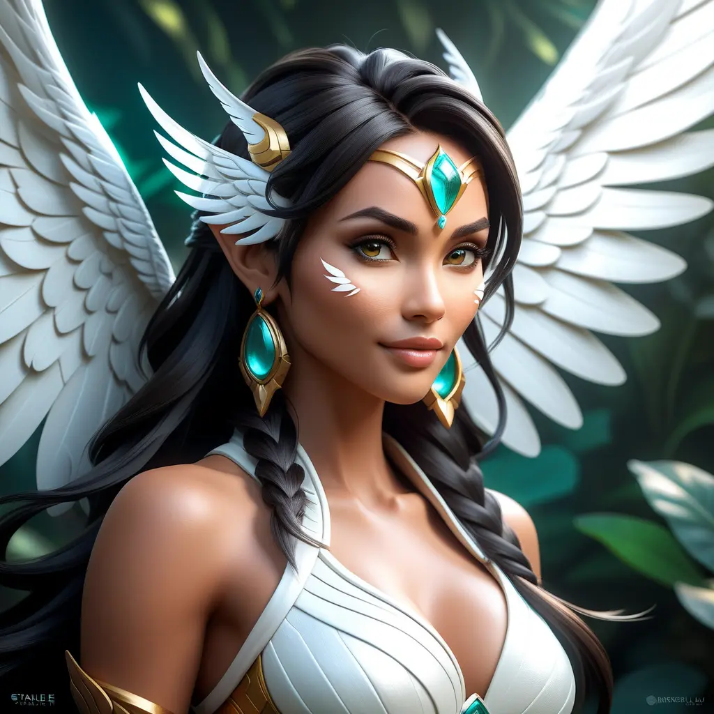 Alluring matte portrait of a beautiful Nidalee with wings, Highly Detailed, Intricate, Half Body, Realistic, Volumetric Lighting, Fantasy, Elegant by Stanley Artgerm Lau, Greg Rutkowski