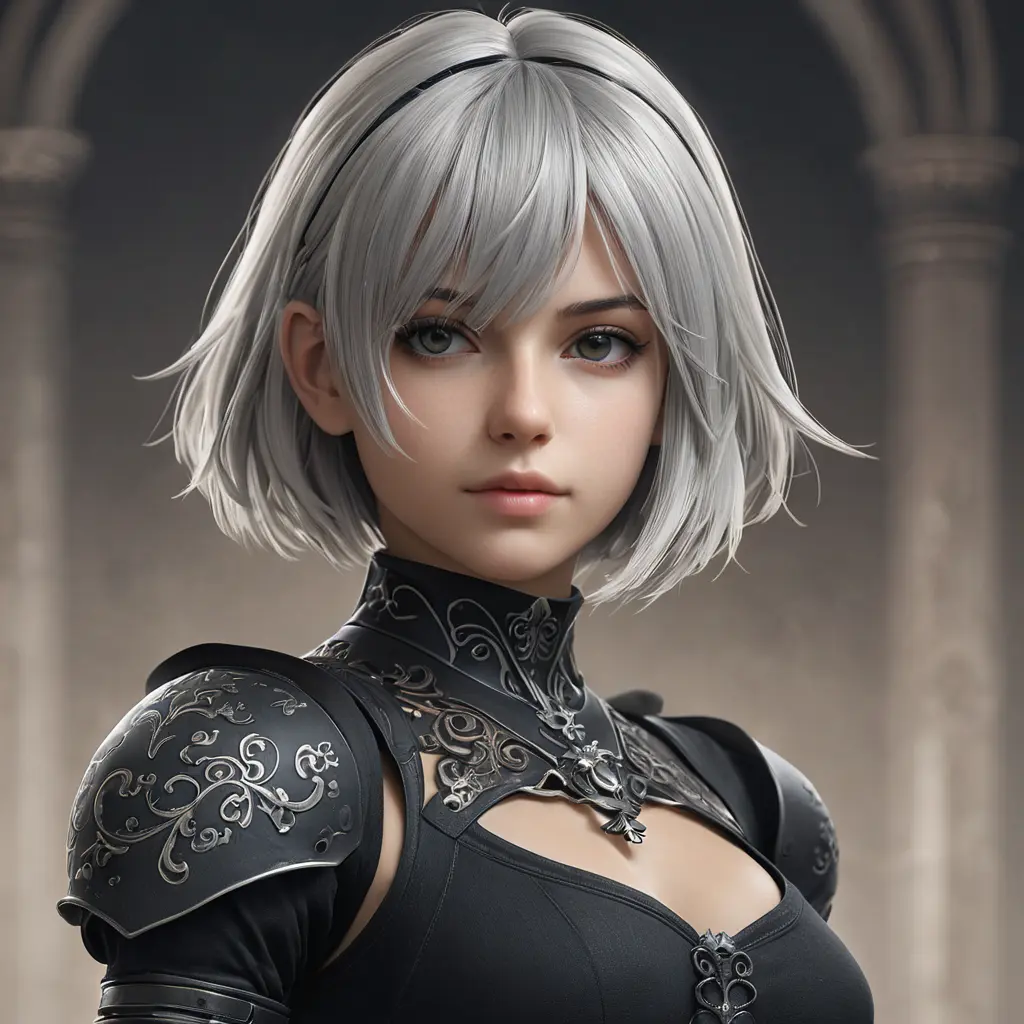 Alluring matte portrait of a beautiful A2 from Nier Automata in the style of Stefan Kostic, 8k, Highly Detailed, Intricate, Half Body, Realistic, Sharp Focus, Volumetric Lighting, Fantasy, Elegant by Stanley Artgerm Lau, Greg Rutkowski