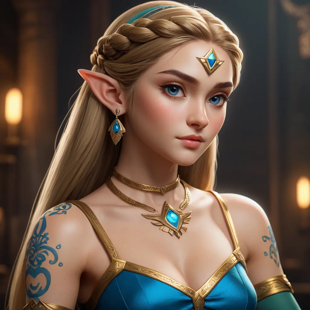 Matte portrait of Princess Zelda with tattoos, 8k, Highly Detailed, Powerful, Alluring, Artstation, Magical, Digital Painting, Photo Realistic, Sharp Focus, Volumetric Lighting, Concept Art by Stanley Artgerm Lau, Greg Rutkowski