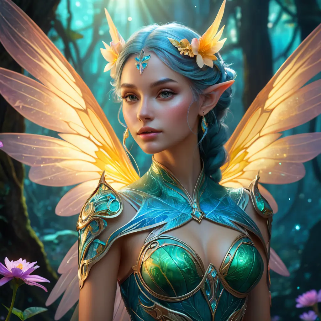 Beautiful elf in a magical forest, 4k, Highly Detailed, Hyper Detailed, Masterpiece, Full Body, Cosmic Nebulae, Full Lips, Pretty Face, Tattoos, Wings, Digital Illustration, Bloom light effect, Cinematic Lighting, Realistic, Sharp Focus, Deviantart, Centered, Beautifully Lit, Bioluminescent, Radiant, Vibrant Colors by Stanley Artgerm Lau, Alphonse Mucha, Greg Rutkowski, Stefan Kostic