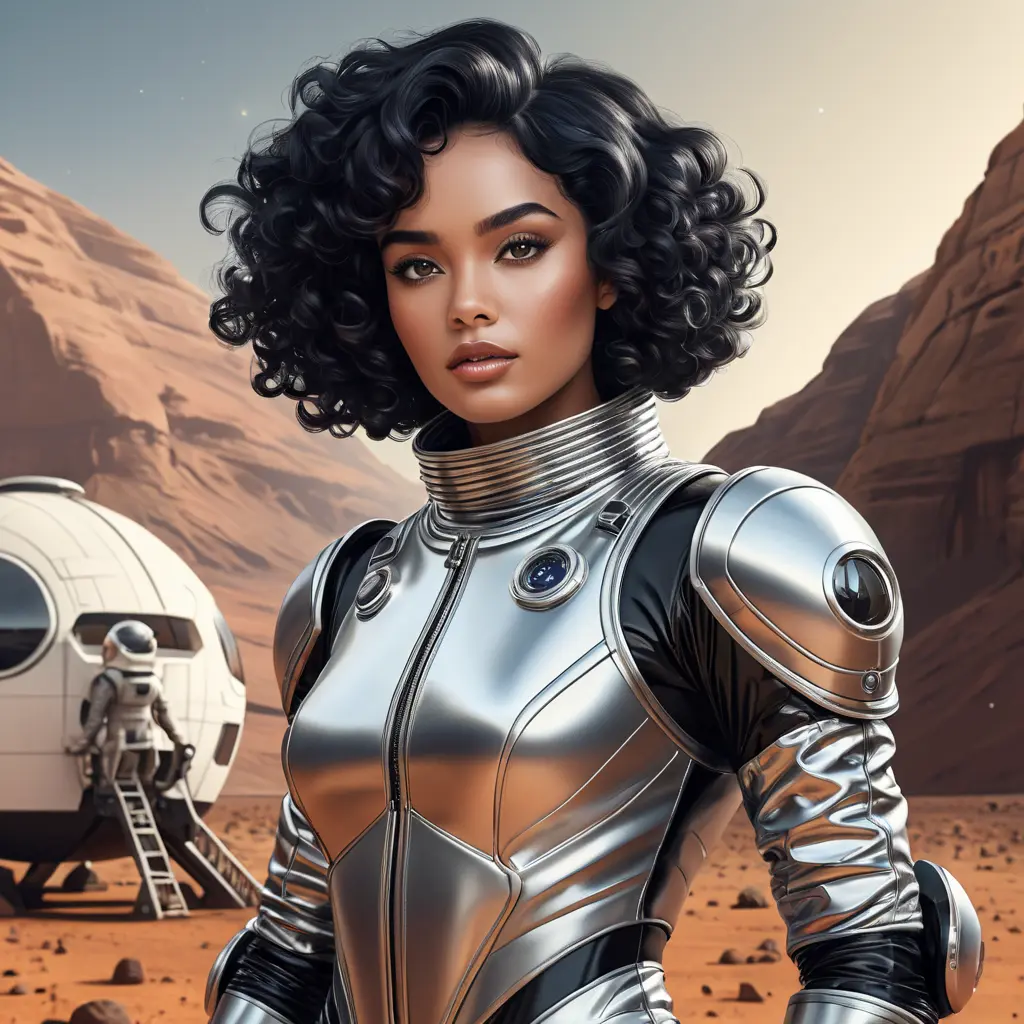 A retro-futuristic illustration of a woman with curly black hair and dark features, wearing a stylish silver spacesuit, exploring Mars' surface, Highly Detailed, Intricate, Half Body, Realistic