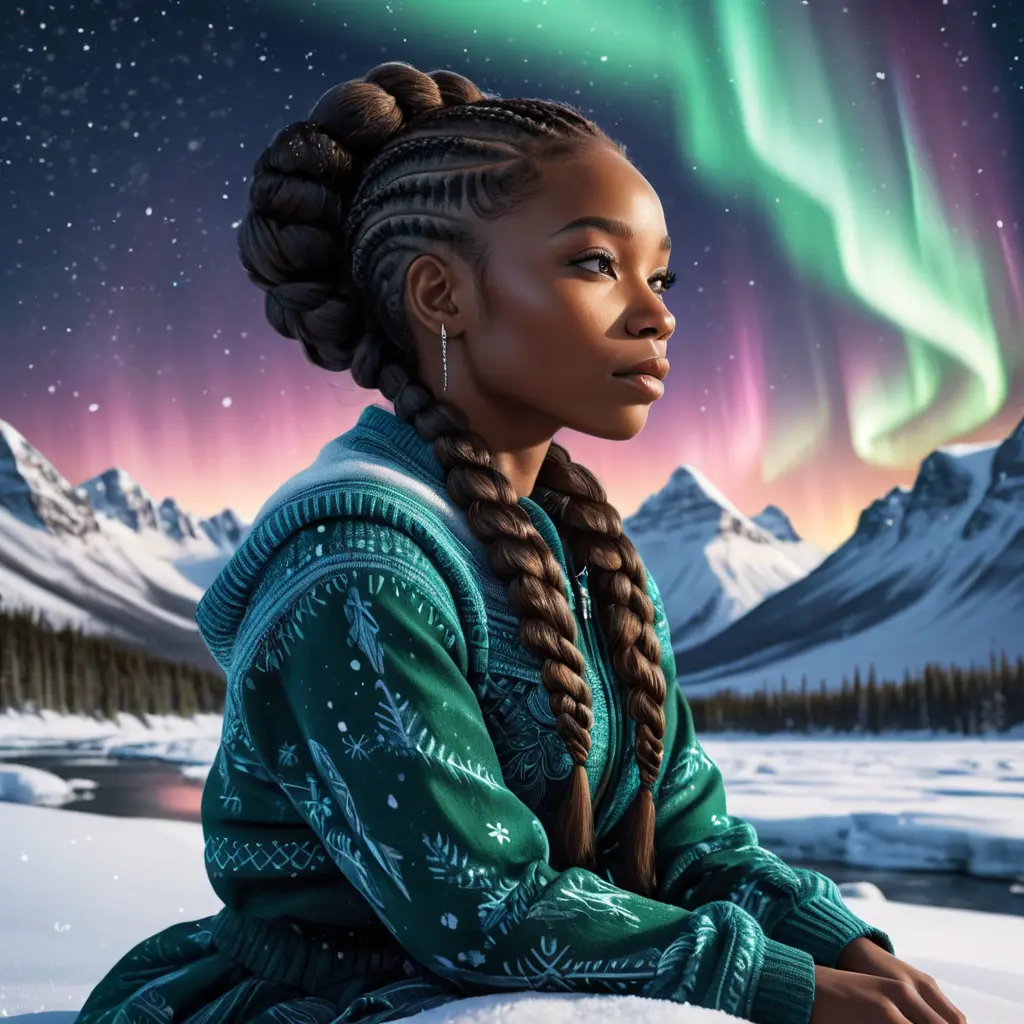 A detailed digital art of a woman with African features and beautiful braided hairstyle, sitting under the Northern Lights, surrounded by snowy landscapes, Highly Detailed, Intricate, Half Body, Realistic