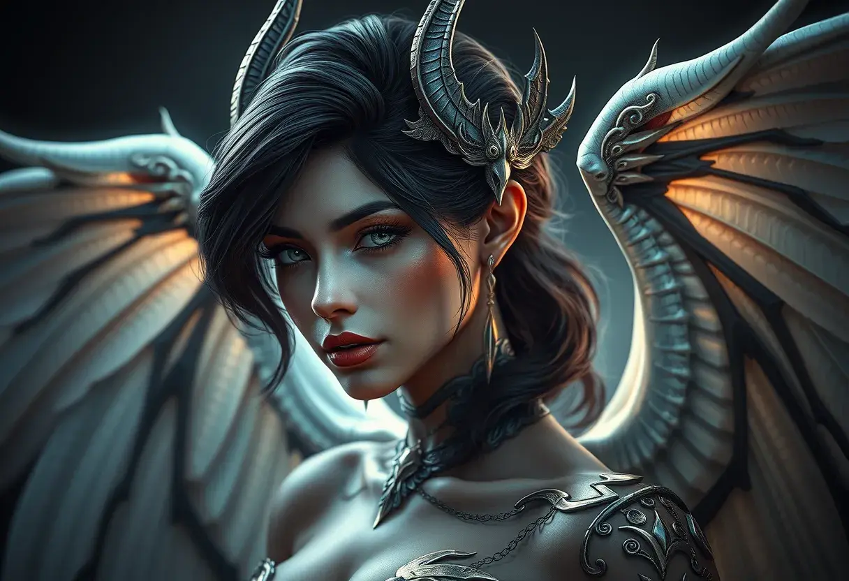 Alluring matte portrait of a beautiful Nidalee with wings, Highly Detailed, Intricate, Half Body, Realistic, Volumetric Lighting, Fantasy, Elegant by Stanley Artgerm Lau, Greg Rutkowski