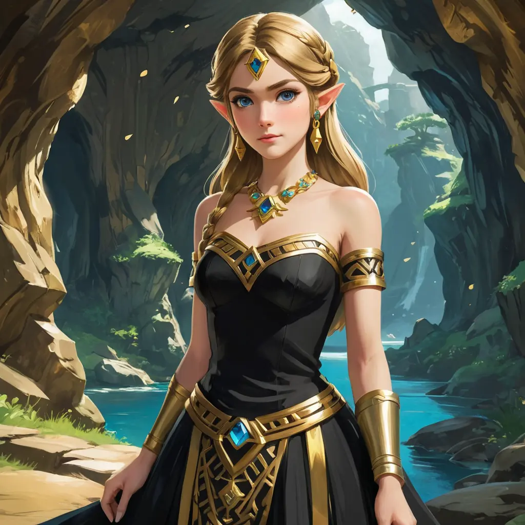 Portrait of Zelda in a black and gold dress, stunning beautiful artwork, Breath of the Wild, in a cave, Anime, Maximalism by Stanley Artgerm Lau