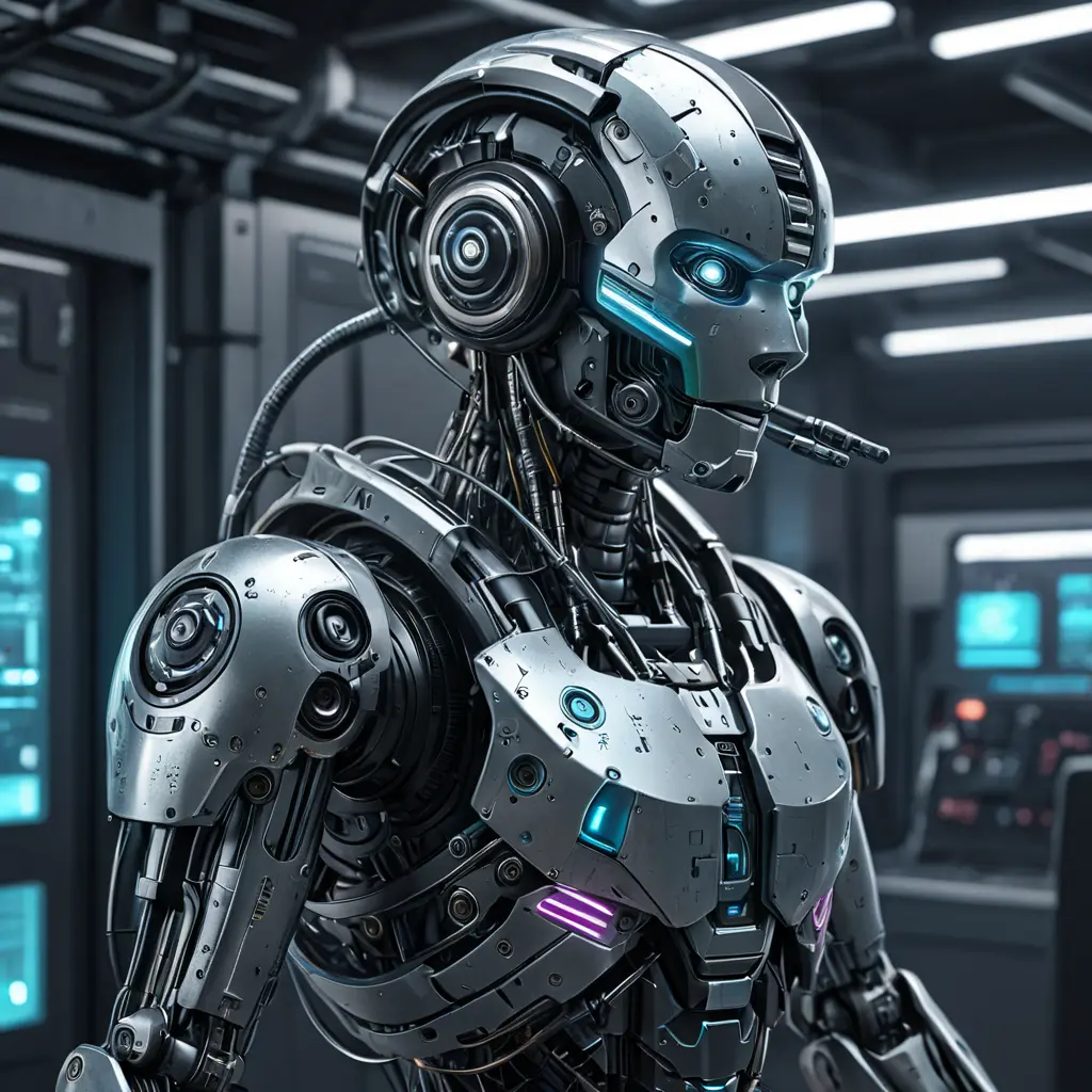 hyperrealism stock photography of highly detailed stylish robot in cyberpunk sci - fi style by gragory crewdson and vincent di fate, mike winkelmann with many details by josan gonzalez working at the highly detailed data center by mike winkelmann and laurie greasley hyperrealism photo on dsmc 3 system rendered in blender and octane render, Atmospheric, Foreboding, Hallucinogenic, Highly Detailed, Intricate Details, Masterpiece, Ultra Detailed, Horror, Post-Apocalyptic, Trending on Artstation, Psychedelic, Retrowave