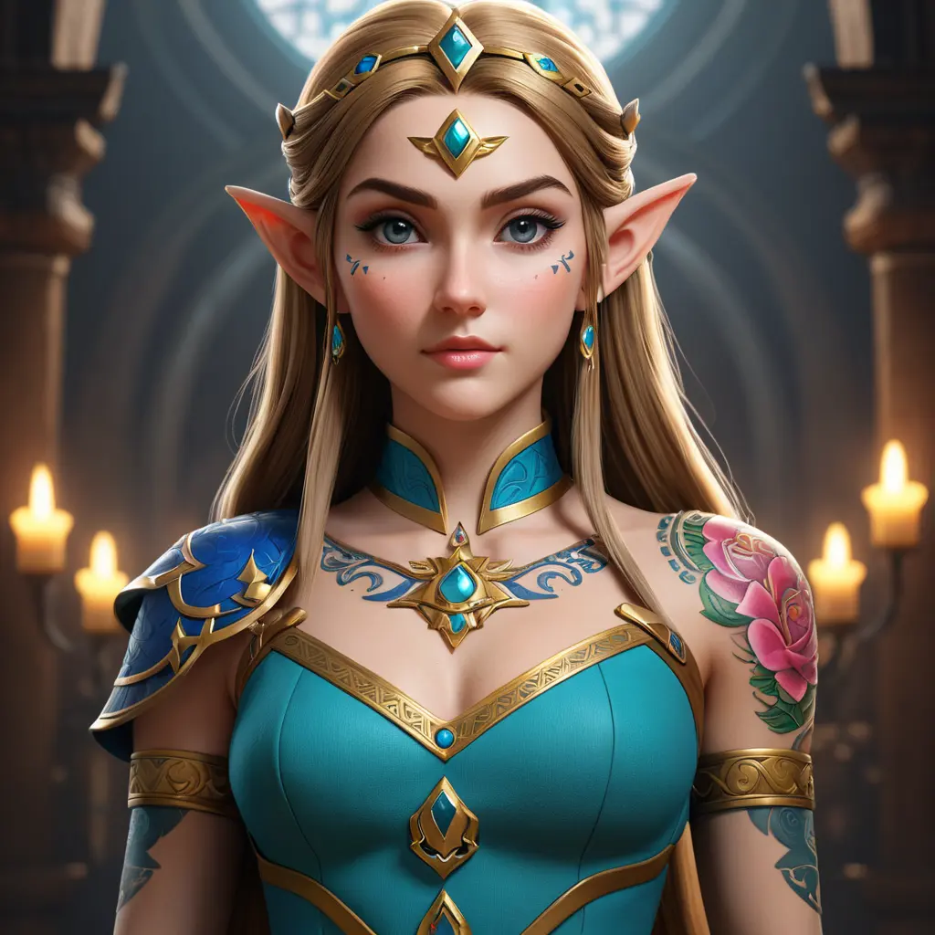 Matte portrait of Princess Zelda with tattoos, 8k, Highly Detailed, Powerful, Alluring, Artstation, Magical, Digital Painting, Photo Realistic, Sharp Focus, Volumetric Lighting, Concept Art by Stanley Artgerm Lau, Greg Rutkowski