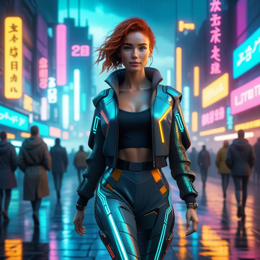 full body shot, beautiful woman walking with beatiful and detailed eyes, dynamic pose, slightly athletic beatiful body, detailed attire, Hyper Detailed, Intricate Artwork, Masterpiece, Cybernatic and Sci-Fi, Cyberpunk, Freckles, Full Lips, Red Hair, Smiling, Digital Illustration, Cityscape, Blade Runner 2049, Neon light effect, Realistic, Sharp Focus, Wide Angle, Neon, Dripping Colors, Matte, Futurism, Artwork, Dieselpunk, Colorful, Dynamic, Elegant, Expressive, Graceful, Hot, Gloomy, Sad, Stormy, Terrifying, Tired