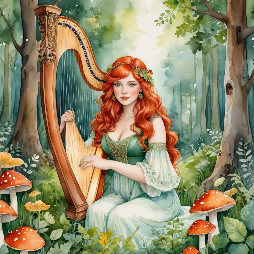 A whimsical watercolor painting of a curvy woman with fiery red hair and green eyes, playing the harp while sitting on a mushroom in a magical woodland clearing, Highly Detailed, Intricate, Half Body, Realistic